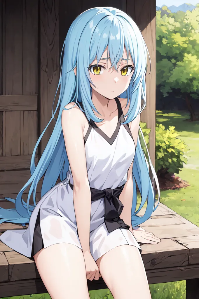 The image is of a young woman with long blue hair and yellow eyes. She is wearing a white dress with a black belt. She is sitting on a bench in a garden. The background is green and there is a tree in the distance. The woman is looking at the viewer with a sad expression on her face.