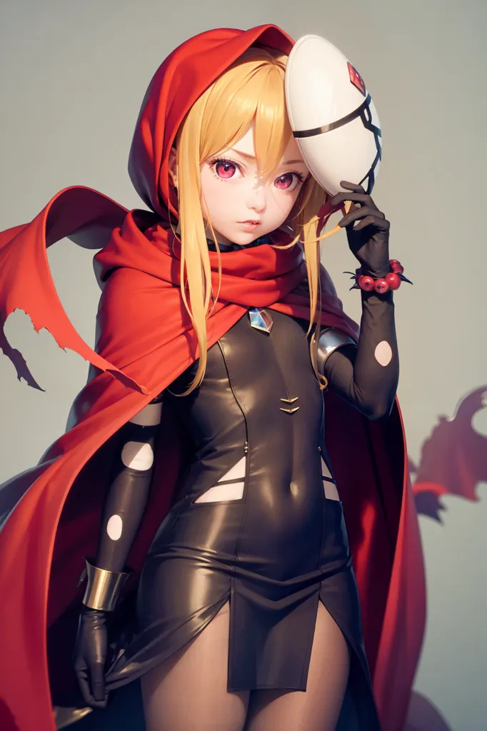 This is an image of a young woman with long blond hair and red eyes. She is wearing a red hood and a black bodysuit with a high collar. The bodysuit has cutouts at the waist and hips. She is also wearing a white mask with black markings around the eyes. She is standing with her left hand holding the mask to her face, and her right hand is hanging by her side.