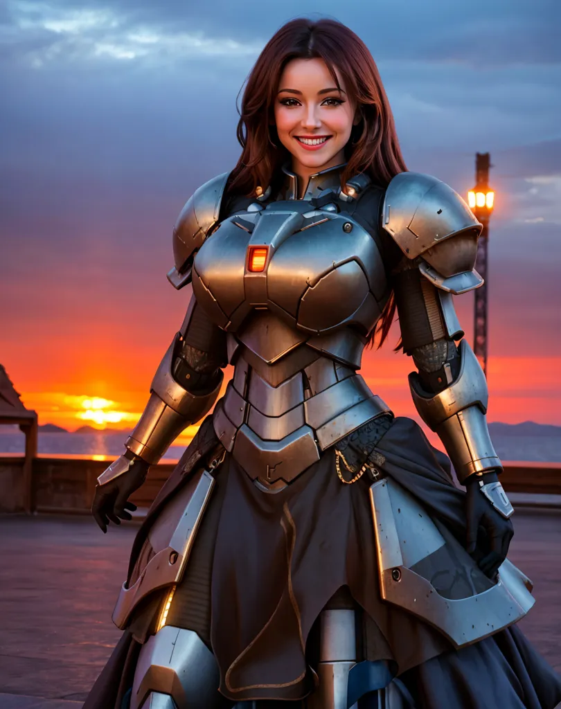 This is an image of a woman wearing futuristic armor. The armor is silver and has orange lights on the chest plate. The woman has long brown hair and green eyes. She is smiling. The background is a sunset over a body of water.