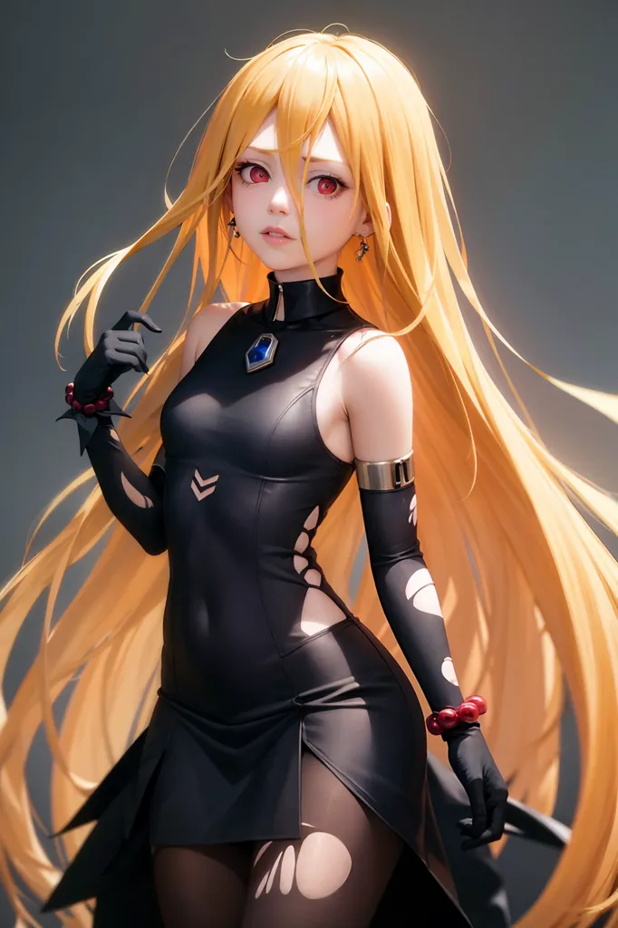 The image is an anime-style drawing of a young woman with long, flowing blonde hair and red eyes. She is wearing a black dress with a high collar and a blue gem at the center. The dress is sleeveless, and there are several cutouts along the sides and bottom. She is also wearing black gloves and red bracelets. The woman is standing in a confident pose, with one hand on her hip and the other holding a strand of her hair. She has a serious expression on her face. The background is a dark gray gradient.