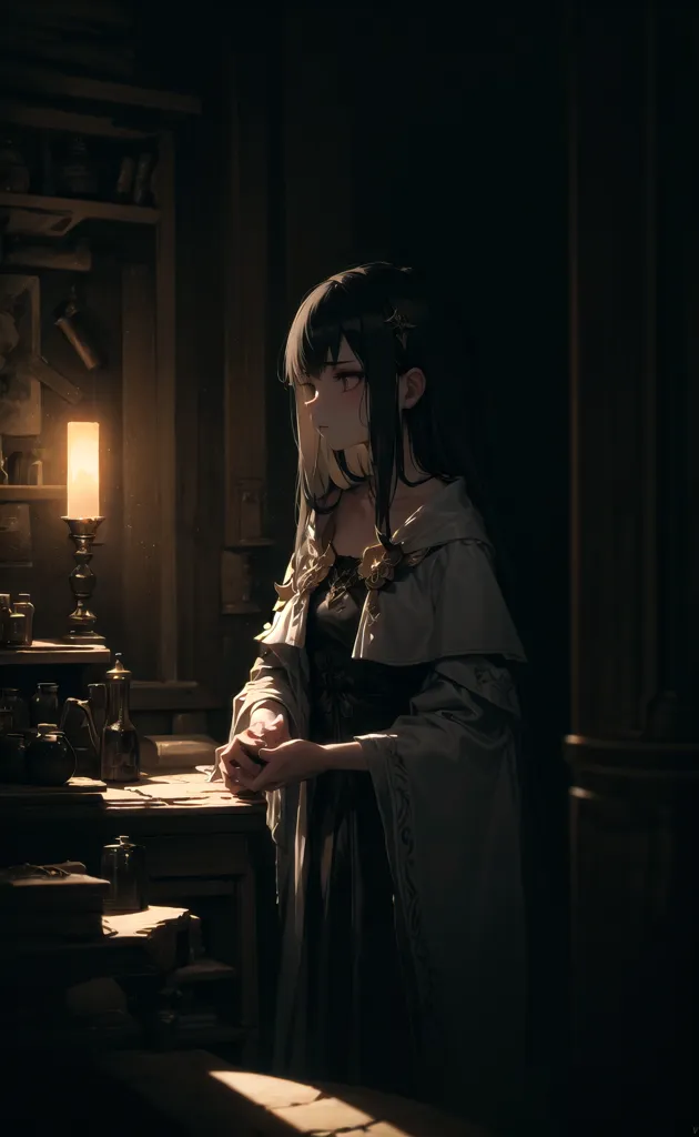 The image is of a young woman standing in a dark room. She is wearing a white dress with a black cloak. The room is lit by a single candle on a table. There are shelves on the walls with books and other objects. The woman is looking at the candle with a thoughtful expression on her face.