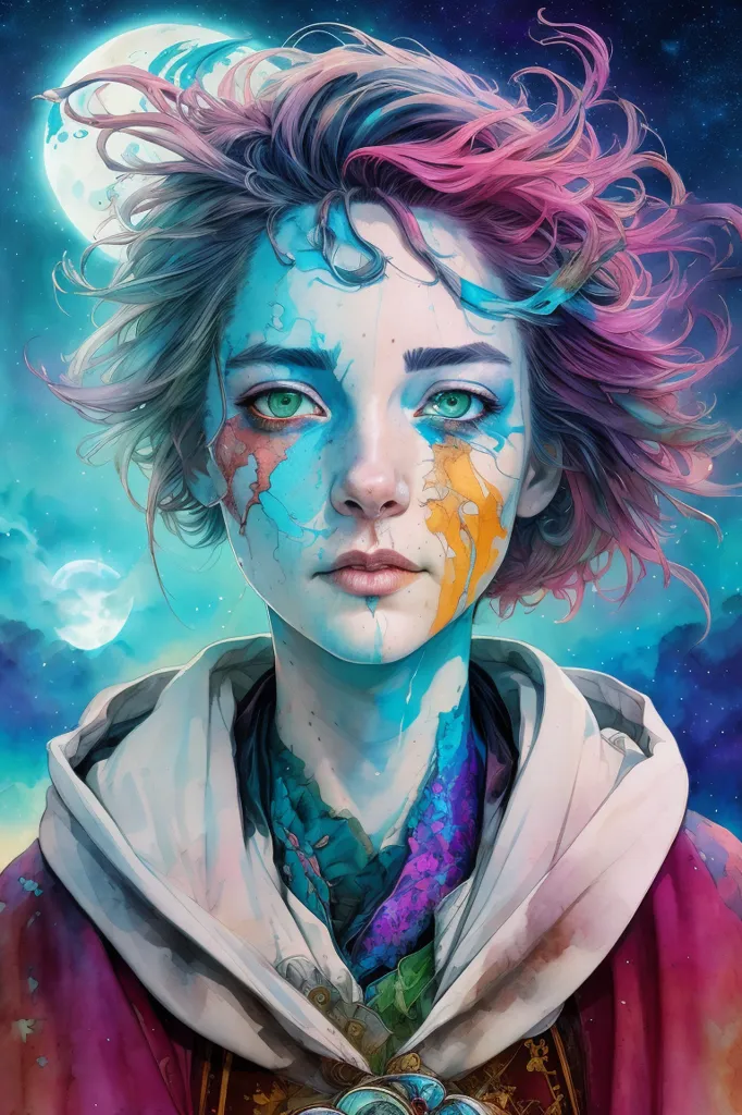 This image is a painting of a young woman with light blue and pink hair. She has green eyes and is wearing a white shirt with a red cape. There is a blue moon in the background and she has paint splattered on her face and neck.