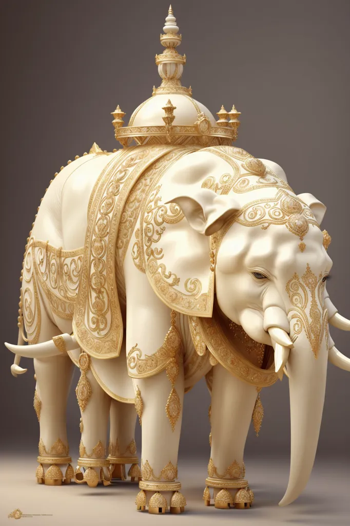 A imagem mostra um elefante com decorações douradas em seu corpo e um howdah dourado em suas costas. O elefante está em pé em uma plataforma branca. O fundo é cinza claro. O elefante está voltado para a esquerda do observador.