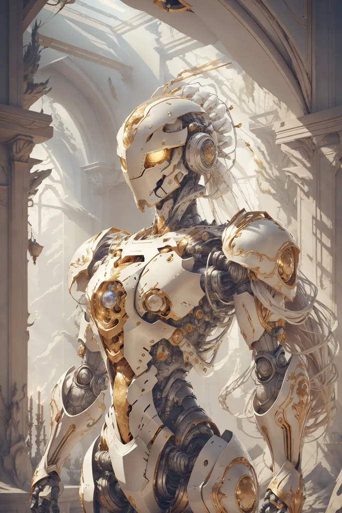 The image is a digital painting of a female robot. She is standing in a classical architectural setting, with a large archway behind her. The robot is made of white and gold metal, and she has a glowing yellow eye. She is wearing a helmet with a visor, and her body is covered in intricate details. The painting is done in a realistic style, and the artist has used light and shadow to create a sense of depth and atmosphere.
