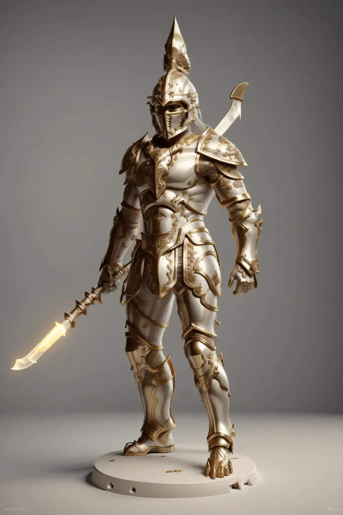 この画像は、男性の戦士の3Dレンダリングです。彼は銀と金の鎧を身に着け、金色の冠のついたヘルメットを被っています。また、剣と盾を持っています。戦士は小さな台の上に立っています。背景は薄い灰色の色です。