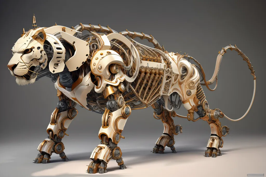 The image is a digital painting of a steampunk lion. The lion is depicted as a quadrupedal creature with a long, muscular body and a thick mane. Its fur is white and gold, and its eyes are a deep blue. The lion is standing on all fours, with its tail curled behind it. Its head is turned to the viewer's left, and its mouth is open in a roar. The lion's body is covered in intricate steampunk details, including gears, pistons, and rivets. The image is set against a dark background, which makes the lion stand out.