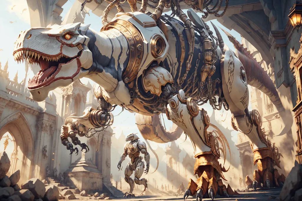 The image is a steampunk dinosaur. It is a large, mechanical creature with a reptilian body and a long tail. It has a white and gold color scheme, and its body is covered in intricate mechanical details. The dinosaur is standing in a ruined city, and there is a human figure standing in front of it. The human is wearing a steampunk outfit, and they are carrying a large wrench. The dinosaur is looking at the human, and it seems to be ready to attack.