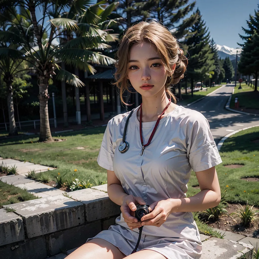 L'image montre une jeune femme aux longs cheveux bruns et au maquillage léger. Elle porte une blouse blanche d'infirmière et un stéthoscope autour du cou. Elle est assise sur un muret de béton bas à l'extérieur, une main tenant un petit appareil photo et l'autre reposant sur son genou. En arrière-plan, on peut voir un parc avec de l'herbe verte et des palmiers, ainsi qu'une route avec une montagne enneigée à l'horizon.