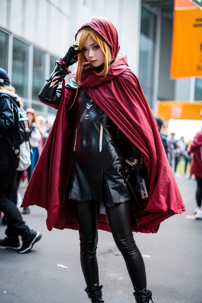 The photo shows a cosplayer dressed as the character Erza Scarlet from the anime Fairy Tail. She is wearing a red hooded cloak, a black leather bodysuit, and black boots. She is also carrying a sword. The cosplayer has done a great job of recreating the character's look, and she looks very accurate.