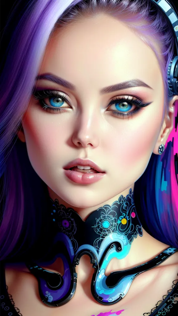 La imagen es un retrato de una hermosa mujer con el cabello morado, ojos azules y una nariz rosa. Lleva un collar negro con un patrón azul y morado, y tiene un par de auriculares sobre las orejas. El fondo es de color azul oscuro. La expresión de la mujer es seria y mira directamente al espectador.