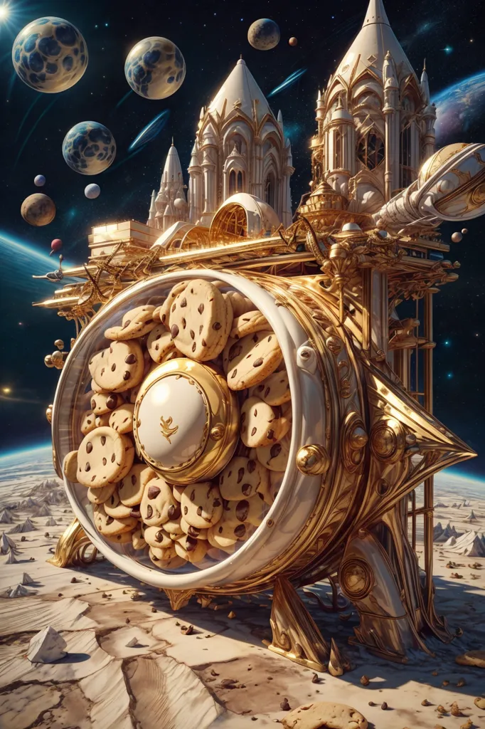 The image shows a golden spaceship that looks like a giant cookie. It has a white dome with a golden frame and a golden body. There are four golden engines on the back of the spaceship. The spaceship is surrounded by planets and stars.