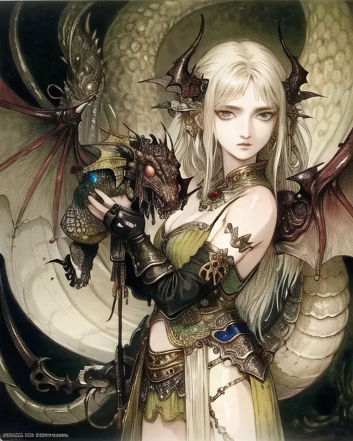 The image is of a woman with long white hair and green eyes. She is wearing a green and brown outfit with a lot of metal armor. She has a dragon on her shoulder and is holding a staff in her right hand. The background is of a dark forest with a large tree in the center.