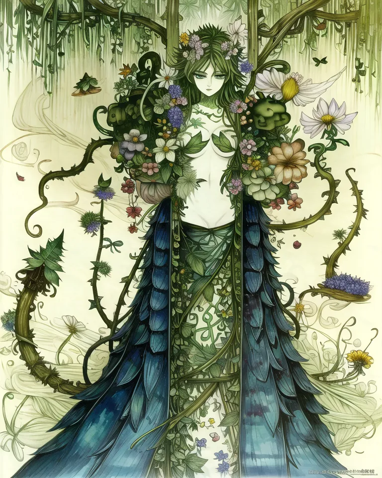 This image is a depiction of a forest spirit. The spirit is a young man with green hair and eyes, and he is wearing a dress made of leaves and flowers. He is standing in a forest, and there are trees, flowers, and vines all around him. The spirit is holding a staff in his right hand, and there are two small creatures sitting on his shoulders. The spirit has a serene expression on his face, and he seems to be at peace with the world around him.