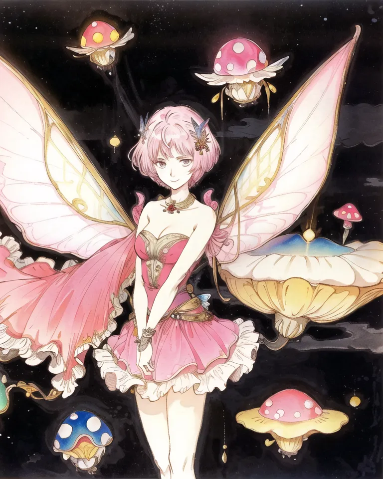 The image is a painting of a fairy with pink hair and wings. She is wearing a pink dress and is surrounded by mushrooms. The mushrooms are of different colors and sizes. The fairy is standing in a dark forest. There are stars in the sky. The painting is done in a realistic style and the colors are vibrant.