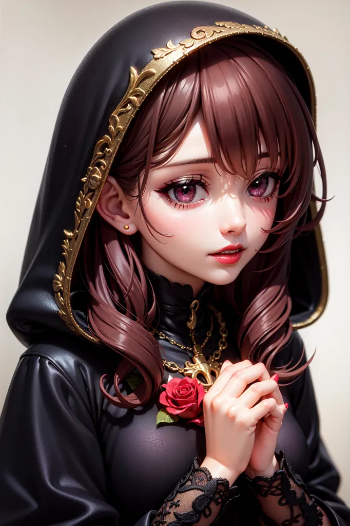 The image is a digital painting of a young woman with long brown hair and purple eyes. She is wearing a black nun's habit with a white wimple. The habit is trimmed with gold and has a gold cross on the front. The woman is standing with her hands clasped in front of her. She has a serene expression on her face. The background is a pale grey.