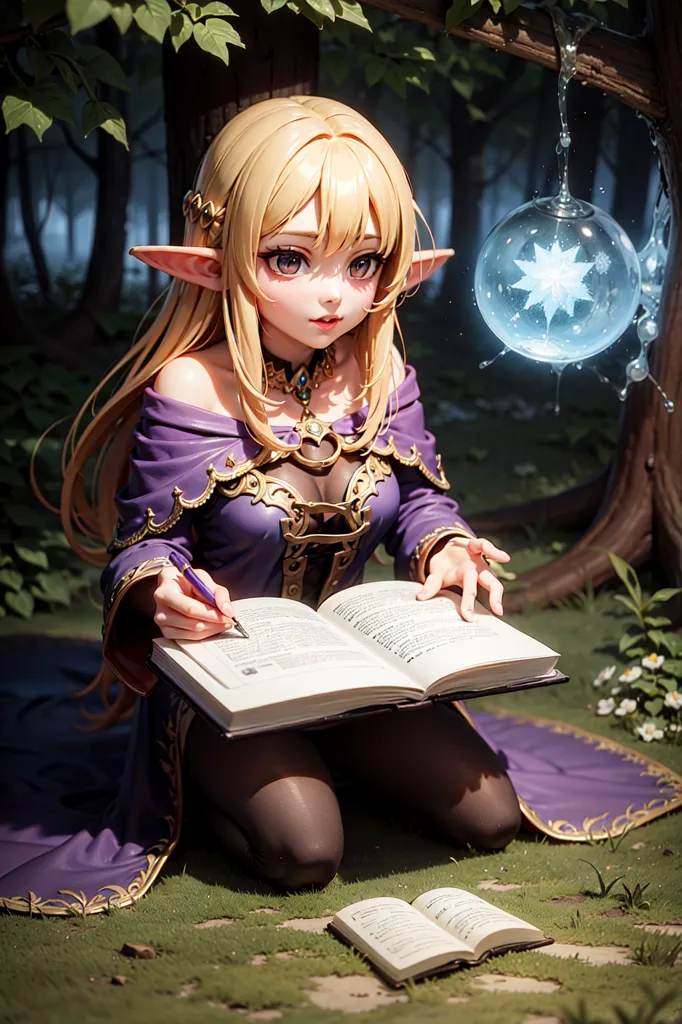 The image is of an anime elf girl with long blonde hair and purple eyes. She is wearing a purple dress with a white collar and a gold necklace. She is sitting on the ground in a forest, with a book open in front of her. She is holding a quill in her right hand and is writing in the book. There is another book on the ground next to her. A glowing blue orb hangs from a branch above her head.