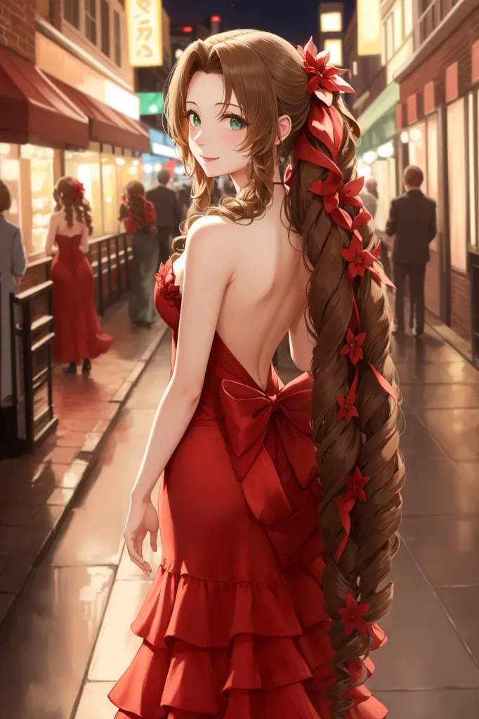 The picture shows a beautiful young woman with long brown hair and green eyes. She is wearing a red dress with a long train and a large red bow at the back. Her hair is styled in a long, flowing braid with red flowers woven into it. She is standing in a street that is lit by streetlights. There are people walking in the background. The woman is looking back at the viewer with a smile on her face.