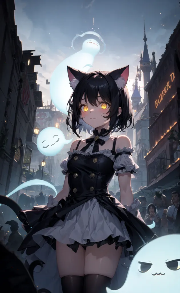 The image is of an anime-style girl with black cat ears and yellow eyes. She is wearing a black and white maid outfit with a white apron. She is standing in a European-style street with a clock tower in the background. There are also some ghosts floating around her. The girl has a happy expression on her face.