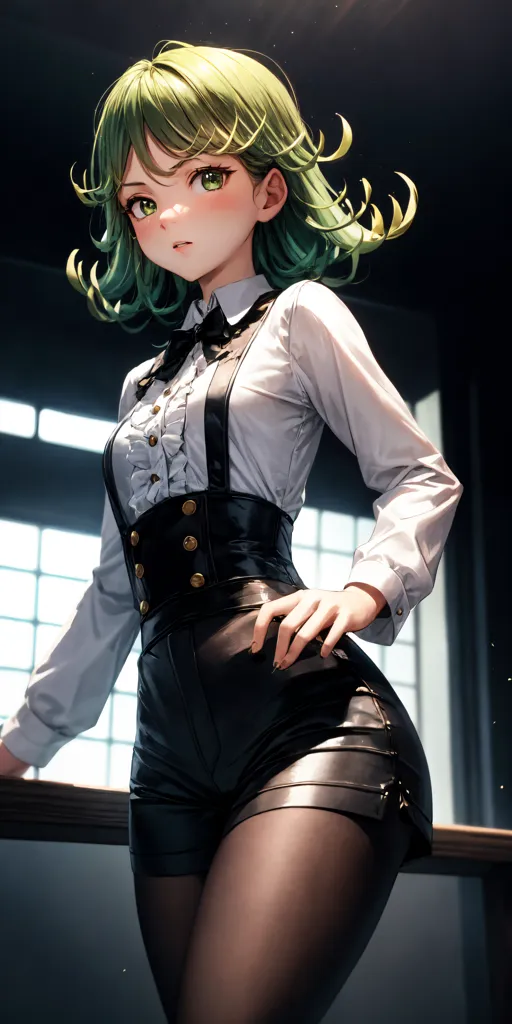 The image shows a young woman with green hair and green eyes. She is wearing a white blouse, black vest, and black shorts. She is standing with her left hand on her hip and her right hand resting on a railing. She has a confident expression on her face. The background is a blur of light and dark colors.