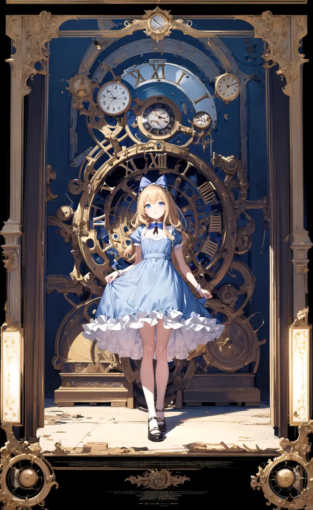 The image is a painting of a young girl standing in front of a large clock. The girl is wearing a blue dress with a white collar and has long blond hair. She is looking at the viewer with a smile on her face. The clock is made of gold and has a large Roman numeral XII at the top. It is surrounded by gears and other clock parts. The background is a dark blue color with a few stars.