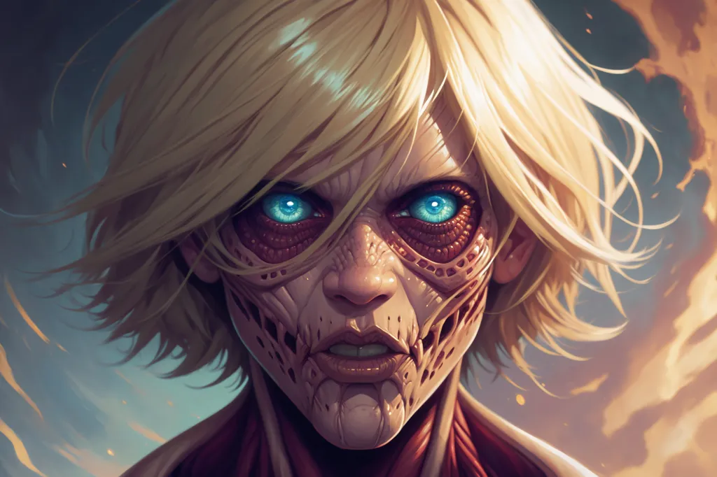 The image is a painting of a young woman with short blonde hair and blue eyes. Her face is partially covered by a mask, and her skin is pale and cracked. She is wearing a tattered dress, and her expression is one of rage and determination. The background is a dark, fiery orange.

The image is likely a depiction of a character from the anime series Attack on Titan. The character is likely a Titan, a giant humanoid creature that is capable of regenerating its body. The Titans are the main antagonists of the series, and they are a threat to humanity.

The image is a detailed and realistic painting. The artist has used a variety of techniques to create a sense of depth and realism. The image is also very atmospheric, and it captures the feeling of rage and determination that the character is likely feeling.