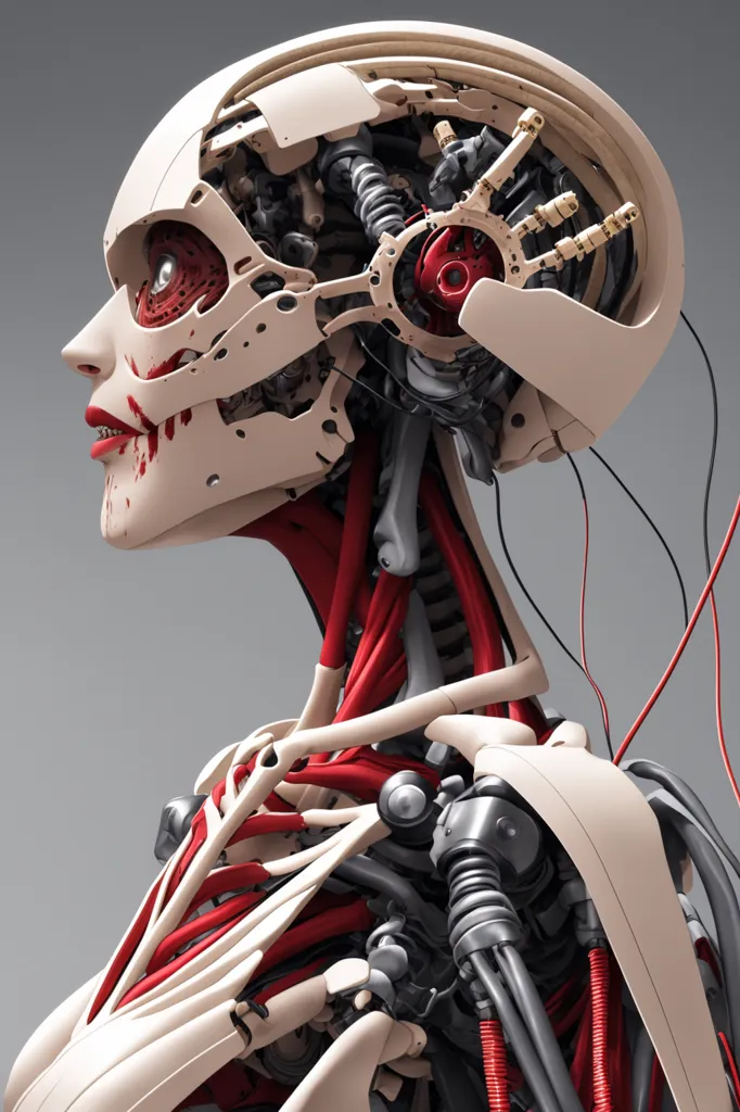 The image is a 3D rendering of a female cyborg. The cyborg has a pale, human-like face with red eyes and dark red lipstick. The cyborg's head is tilted to the side, and the viewer can see the inside of the cyborg's head, which is filled with wires and machinery. The cyborg's body is made of metal and has a skeletal structure. The cyborg is wearing a white bodysuit with red accents. The bodysuit is made of a material that looks like skin. The cyborg's arms are outstretched, and the viewer can see the wires and machinery inside the arms. The cyborg's legs are also outstretched, and the viewer can see the wires and machinery inside the legs. The cyborg is standing on a gray surface. The background is a dark, neutral color.