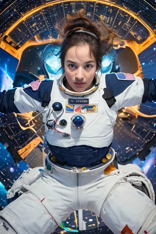 Esta es una imagen de una niña joven con un traje espacial y el cabello recogido en una cola de caballo. Ella está en una nave espacial con un fondo estrellado. Lleva un traje espacial blanco con la bandera estadounidense en el hombro y tiene los brazos extendidos.