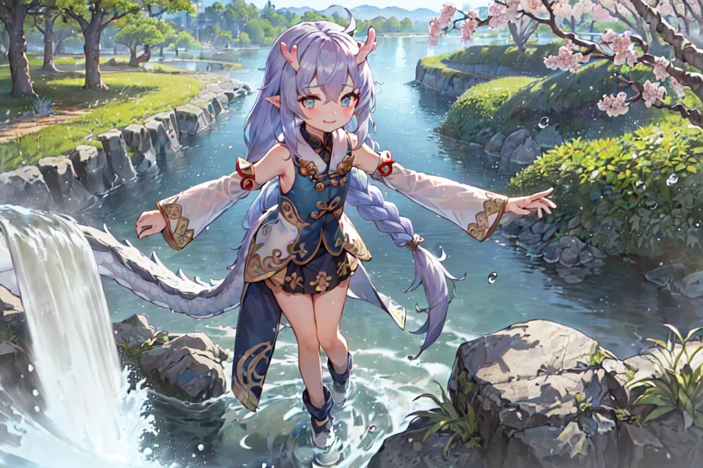 The image shows a small girl with purple hair and blue eyes. She is wearing a white shirt with a blue skirt and a pink bow in her hair. She is standing in a river with rocks and is surrounded by trees and flowers. The water is flowing around her feet. The background is a blue sky with white clouds. The girl is smiling and looks happy.