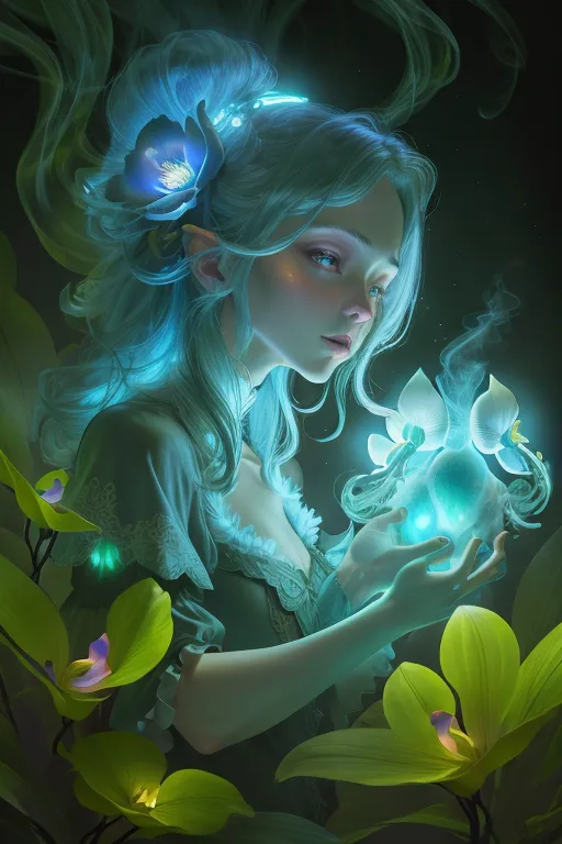 L'image représente une femme magnifique et éthérée, avec de longs cheveux ondulants et des yeux bleus lumineux. Elle porte une robe blanche avec une écharpe verte et a une fleur dans les cheveux. Elle tient une sphère bleue lumineuse dans ses mains. L'arrière-plan est flou, avec des feuilles et des fleurs vertes. L'expression de la femme est celle de la paix et de la sérénité.