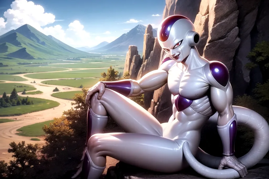 The image shows Frieza, a character from the Dragon Ball series, sitting on a rock in a mountainous landscape. Frieza is a muscular humanoid with purple skin and a long tail. He is wearing a white and purple suit of armor. He has a smug expression on his face and is looking down at the viewer. In the background, there is a large mountain range and a river valley. The sky is blue and there are some clouds.