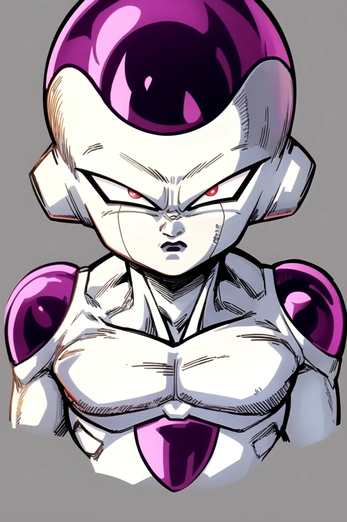 Gambar ini adalah Frieza, karakter dari seri Dragon Ball. Dia ditampilkan dengan kulit ungu khasnya dan mata putih, serta mengenakan armor pertempurannya. Dia memiliki ekspresi tegas di wajahnya, dan menatap penonton dengan mata merahnya. Gambar ini digambar dengan gaya realistis, dan warnanya cerah dan hidup.