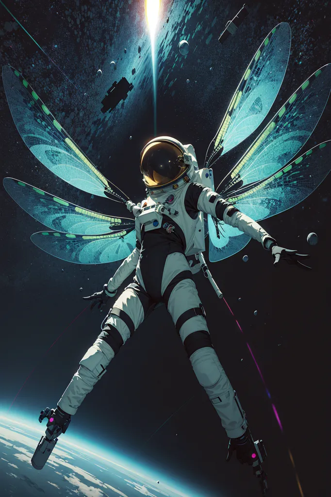 This is an image of an astronaut with dragonfly wings. The astronaut is wearing a white and black spacesuit with a clear bubble helmet. They are floating in space with their arms outstretched. Their wings are spread wide and they are surrounded by stars and planets. In the background, there is a blue planet with white clouds.