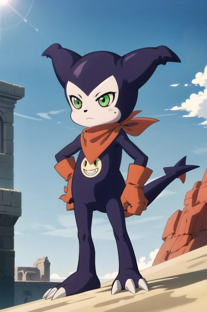 This image shows a purple cat-like creature with green eyes. It is wearing an orange scarf with a smiley face on it. It has orange gloves and a tuft of orange hair on its head. It is standing on a rock in front of a large stone structure. There are ruins in the background. The sky is blue and there are some clouds in the sky.