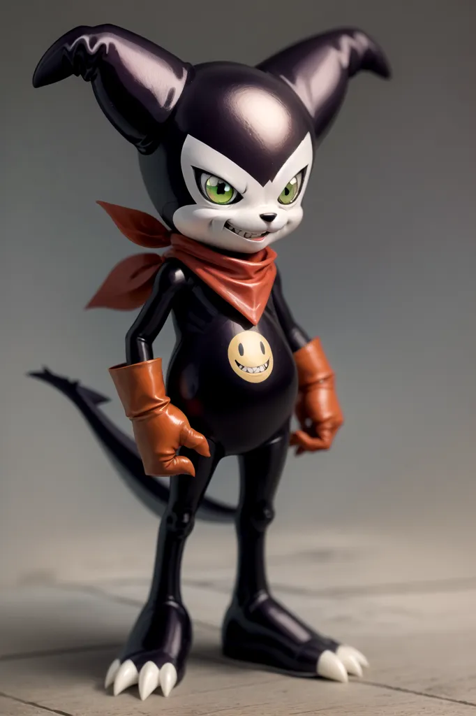 Esta es una representación 3D de una criatura ficticia llamada BlackGatomon de la franquicia Digimon. Es una criatura pequeña y felina con pelaje negro, ojos verdes y una bufanda roja. Lleva guantes marrones y tiene una cara sonriente amarilla en el pecho. Su cola es larga y látigo, y sus patas tienen garras afiladas.