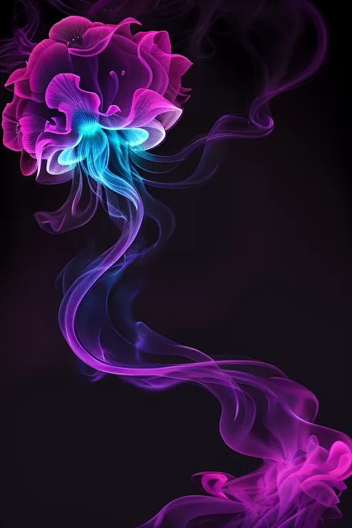 The image is a dark-themed, abstract painting of a jellyfish-like creature. The jellyfish has a bell-shaped body with long, trailing tentacles. The body is a deep blue color, while the tentacles are a bright pink. The jellyfish is surrounded by a dark purple background. The painting has a very fluid, ethereal feel to it. It is as if the jellyfish is floating through space. The painting is also very calming and peaceful. It is a beautiful and unique work of art that would be a great addition to any home or office.