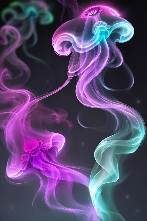 The image is a beautiful depiction of jellyfish-like creatures made of glowing smoke. The jellyfish are of various colors, including pink, blue, and purple. They are gracefully floating in a dark background, creating a mesmerizing and ethereal scene. The jellyfish appear to be in a state of motion, as if they are gently swimming through the darkness. The intricate details and vibrant colors of the jellyfish make the image visually stunning, capturing the elegance and beauty of these marine creatures.