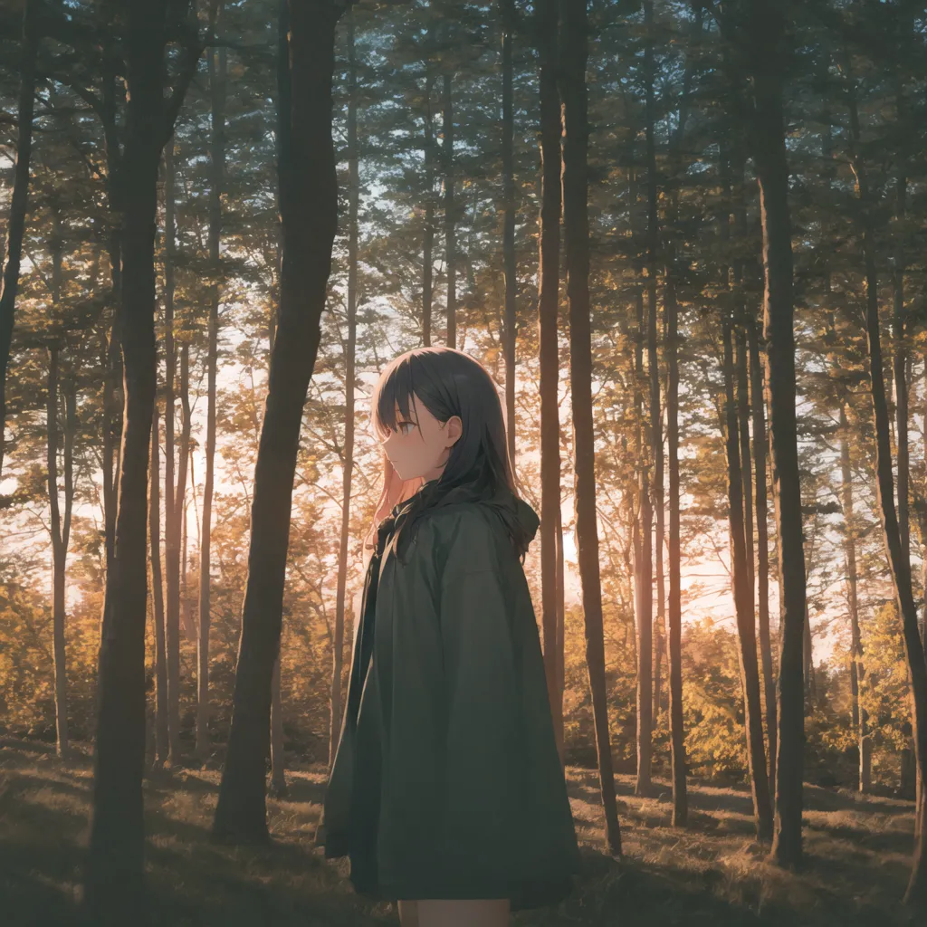 The image is a painting of a girl standing in a forest. The girl is wearing a green cloak and has long brown hair. She is looking to the left of the frame. The forest is made up of tall, thin trees with green leaves. The sun is shining through the trees, creating a dappled pattern on the ground. The painting is done in a realistic style, and the colors are muted and natural.