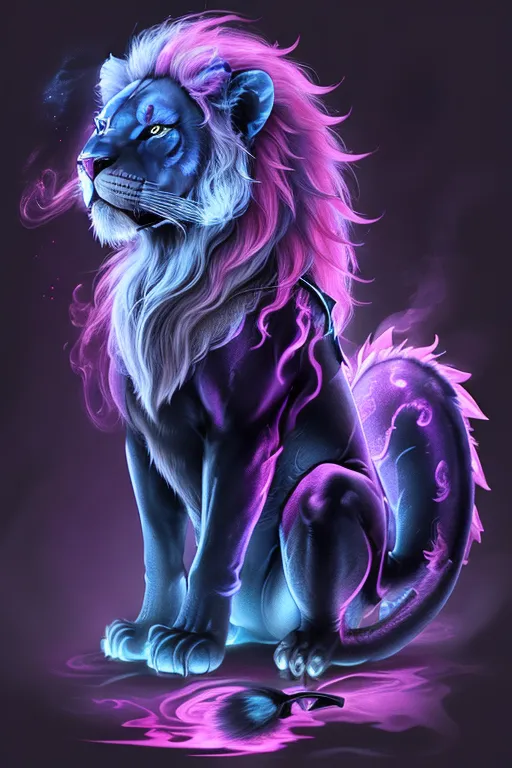 The image is a digital painting of a lion. The lion is sitting on a dark purple background and is illuminated by a bright light. The lion has blue fur, a purple mane, and a long, serpentine tail. The lion's eyes are closed and it has a serene expression on its face. The painting is done in a realistic style and the lion is depicted with great detail.