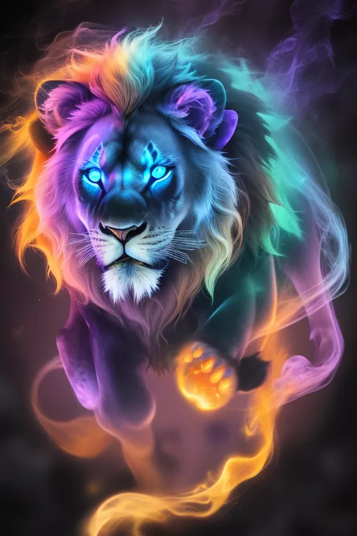 The image is a digital painting of a lion. The lion is in a dark background and is surrounded by a multi-colored mist. The lion has blue eyes and a bright, rainbow-colored mane. The lion is also breathing fire. The painting is very detailed and the lion looks very realistic.