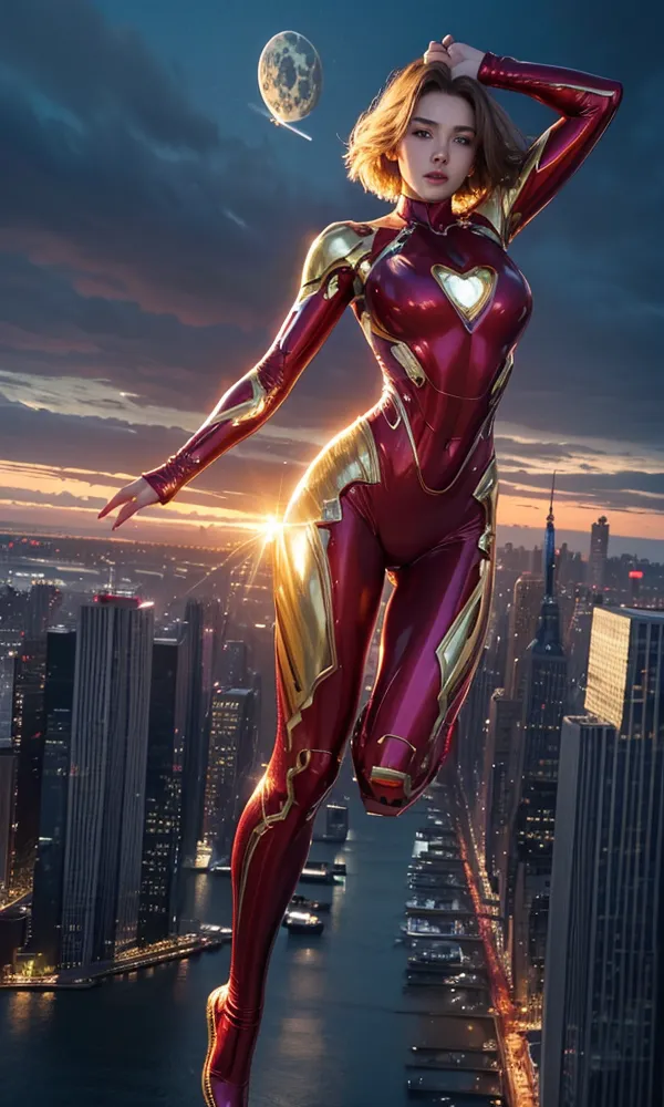 The image shows a woman wearing a red and gold Iron Man suit. She is flying above a city at night. The moon is in the background. The woman has short blond hair and blue eyes. She is looking at the camera.