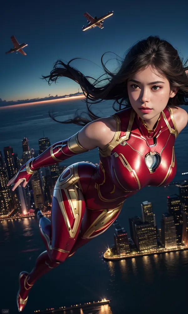 The image shows a young woman flying in the air above a city. She is wearing a red and gold Iron Man suit. Her long black hair is blowing behind her. There are two airplanes in the sky behind her. The city is in the background and there is a large body of water to the left.