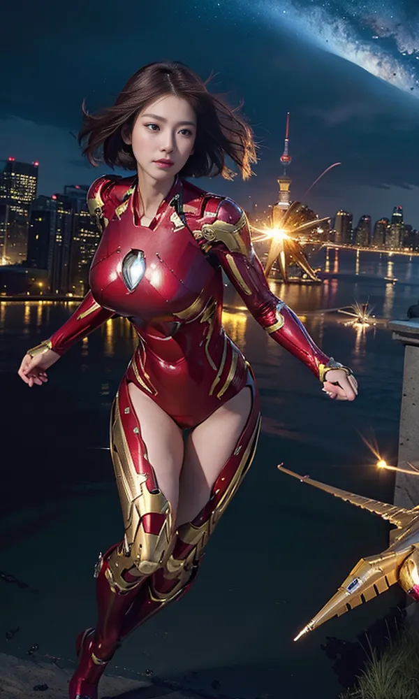 La imagen muestra a una mujer vestida con un traje de Iron Man rojo y dorado. Está de pie en la azotea de una ciudad por la noche. La ciudad está en el fondo y está desenfocada. La mujer mira a la cámara. Tiene el cabello corto y castaño. Sus ojos son marrones. Lleva un casco que forma parte del traje. El traje tiene un esquema de color rojo y dorado. Tiene una textura metálica. La mujer está de pie en una pose poderosa. Parece confiada y fuerte.