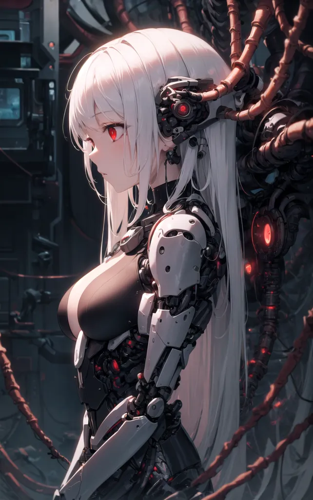 L'image est une peinture d'une belle jeune fille d'anime aux longs cheveux blancs et aux yeux rouges. Elle porte une combinaison noire et blanche avec de nombreux détails technologiques et a un bras et une jambe robotiques. Elle se tient dans une pièce sombre avec beaucoup de machines et de câbles en arrière-plan.