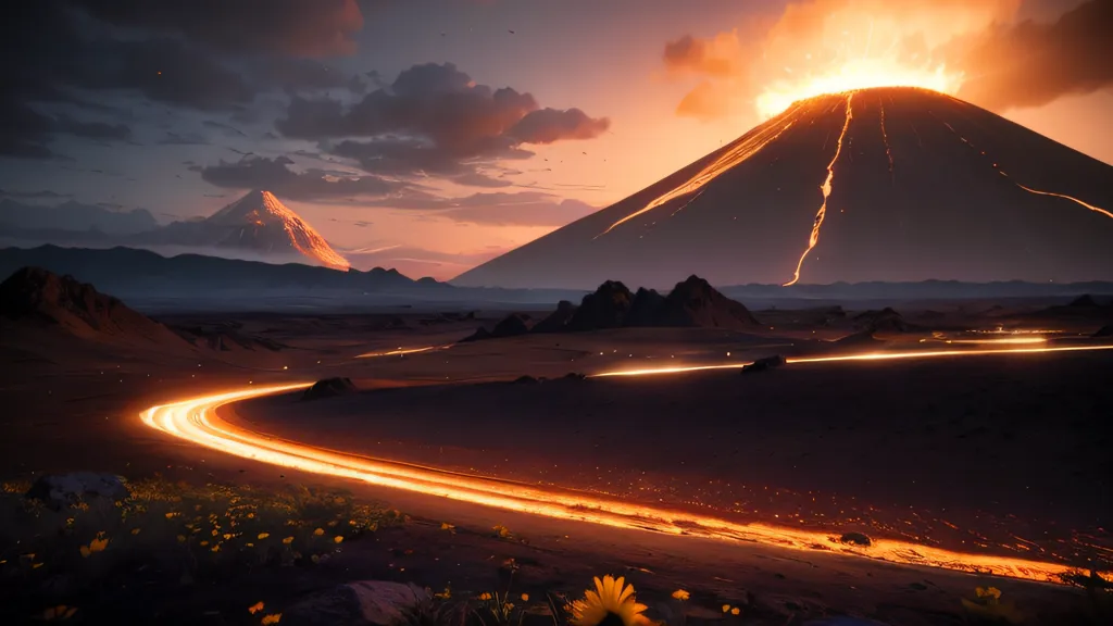 一座火山在沙漠中央爆發。熔岩正沿着火山的一側流向周圍地區。天空昏暗,空氣中充滿了火山灰。熔岩發出的光芒在場景上投射出一種紅色的光暈。前景中有一條道路,背景中有一座山脈。