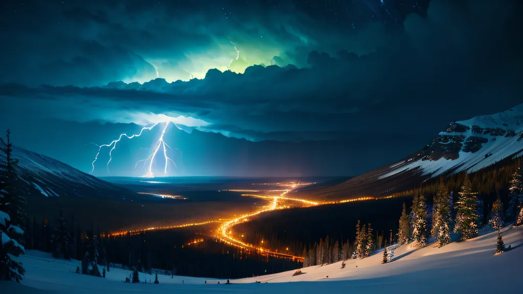 A imagem é uma bela paisagem de um vale nas montanhas. O céu está escuro e nublado, e há uma tempestade de relâmpagos ao longe. O vale está coberto de neve e há árvores nas encostas das montanhas. Há uma estrada passando pelo vale e há luzes acesas nas casas e negócios ao longo da estrada. A imagem é muito pacífica e serena, e captura a beleza da paisagem de inverno.