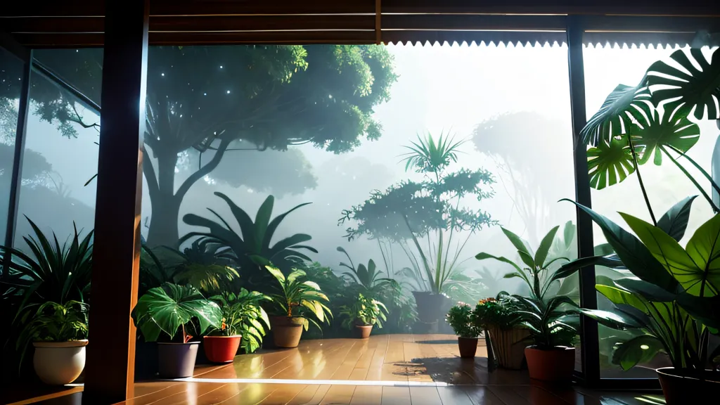 The image shows a large room with a high ceiling. The room is full of lush green plants. There are potted plants on the floor, and there are also plants growing in the ground. The plants are all different types, and they create a dense, jungle-like atmosphere. The room is lit by natural light from the large windows. The windows are open, and there is a gentle breeze blowing through the room. The breeze rustles the leaves of the plants, and it creates a calming, peaceful atmosphere.