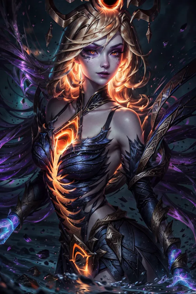 The picture shows a woman with long blond hair and purple eyes. She is wearing a black and purple bodysuit with a large orange gem in the center. She has black and purple wings and is surrounded by a dark purple mist.