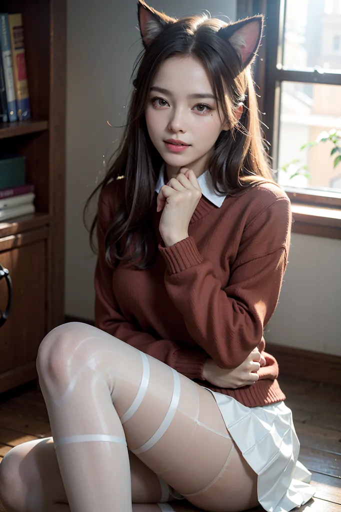 The image shows a young woman with long brown hair and brown eyes. She is wearing a brown sweater, a white pleated skirt, and white thigh-high socks with suspenders. She is also wearing cat ears and has a shy smile on her face. She is sitting on the floor in front of a window. There is a bookshelf to her left and a plant on the windowsill behind her.