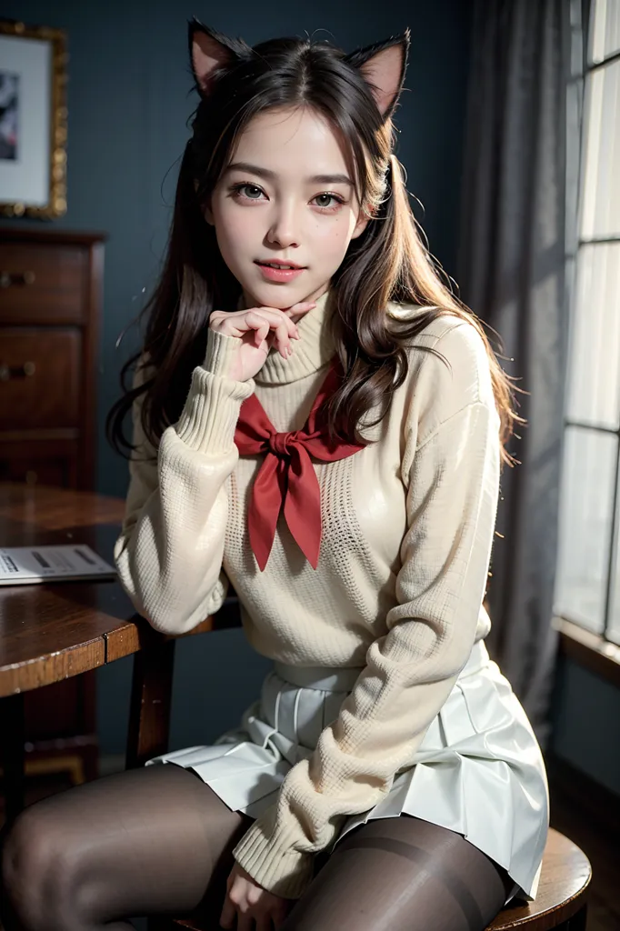 The image shows a young woman with long brown hair and brown eyes. She is wearing a white turtleneck blouse with a red bow at the neck, a gray pleated skirt, and black stockings. She is also wearing cat ears. She is sitting in a chair in front of a wooden table. There is a window to her right.