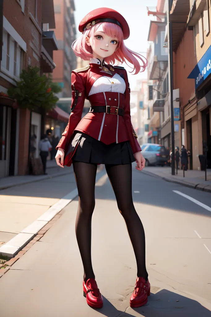 A imagem mostra uma jovem mulher em pé em uma rua da cidade. Ela está usando um boné vermelho, um casaco de estilo militar vermelho, uma camisa branca, uma saia preta e meias pretas. Ela também está usando sapatos vermelhos. A mulher tem cabelos rosa e olhos azuis. Ela está sorrindo. Há edifícios e pessoas ao fundo.